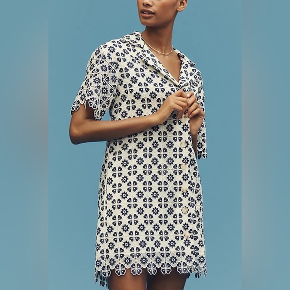 Anthropologie Maeve Short-Sleeve Geo Lace Mini Shirt Dress Size MP - Picture 2 of 12
